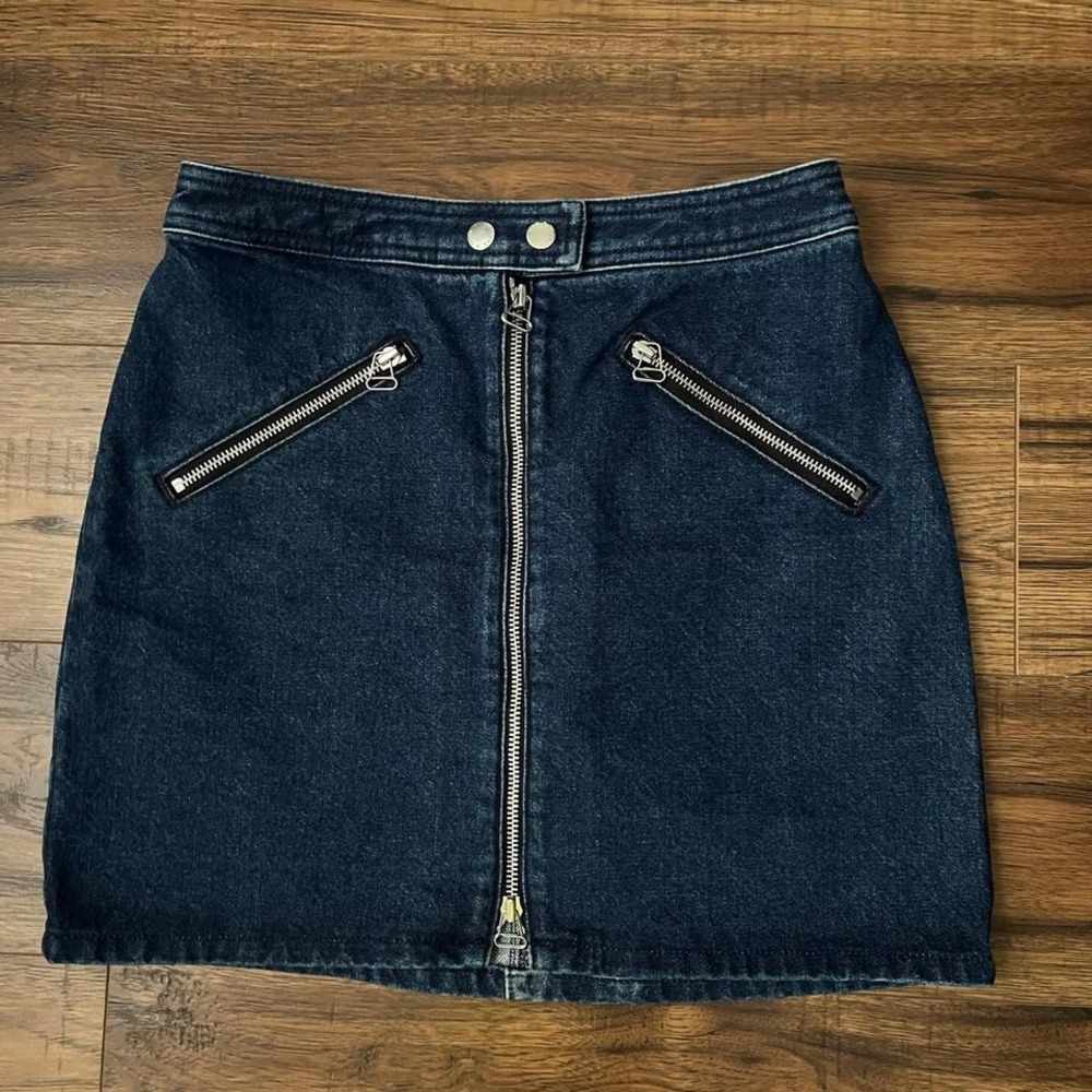 Rag & Bone Marcy Racer Dark Blue Jean Denim Mini Skirt Zipper Button 26 Biker